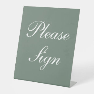 Modern Sage Green Elegant White Script Wedding Pedestal Sign