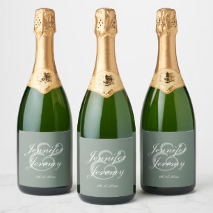 Modern Sage Green Elegant White Script Wedding Sparkling Wine Label