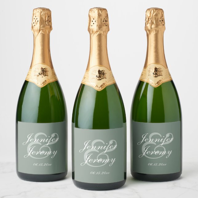 Modern Sage Green Elegant White Script Wedding Sparkling Wine Label (Bottles)