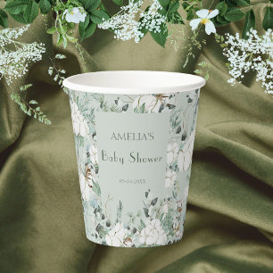 Modern Sage Green Floral Baby Shower Paper Cups