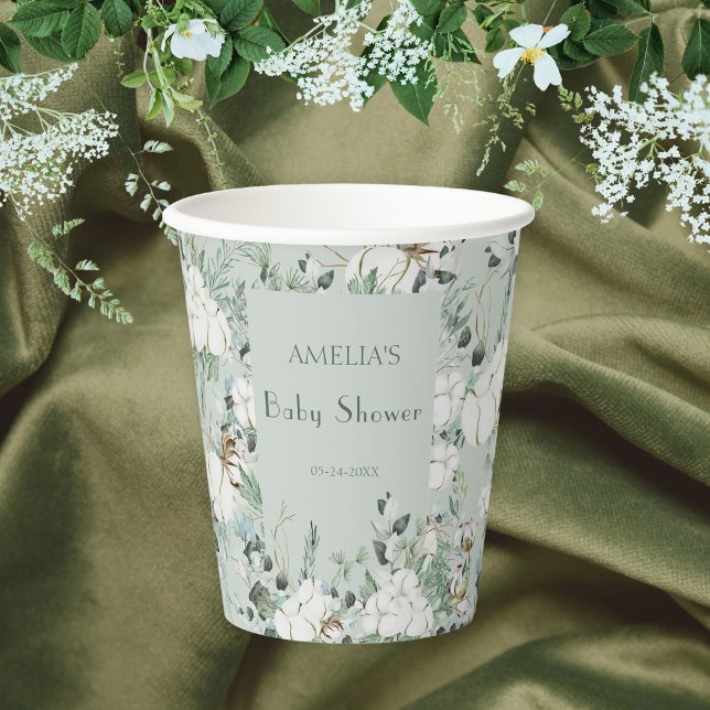 Modern Sage Green Floral Baby Shower Paper Cups (Creator Uploaded)