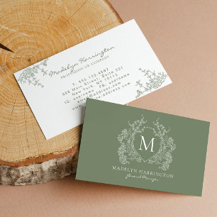 Modern Sage Green Floral Crest Monogram Business Card