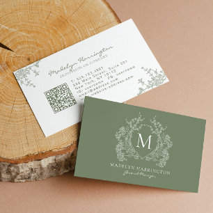 Modern Sage Green Floral Crest Monogram QR Code Business Card