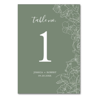 Modern Sage Green Floral Wedding Table Number