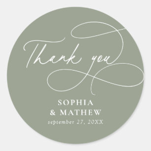 Modern Sage Green Flourish Thank You Favour Classic Round Sticker