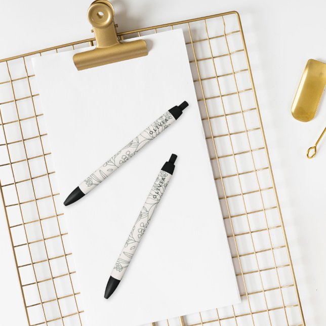 Modern Sage Green Flowers Herbs Boho Pattern Black Ink Pen (Creator Uploaded)