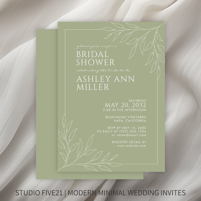 Modern Sage Green Foliage Outline Bridal Shower Invitation (Creator Uploaded)