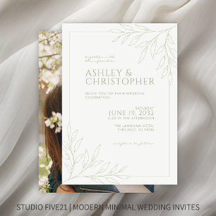 Modern Sage Green Foliage Outline Photo Wedding Invitation