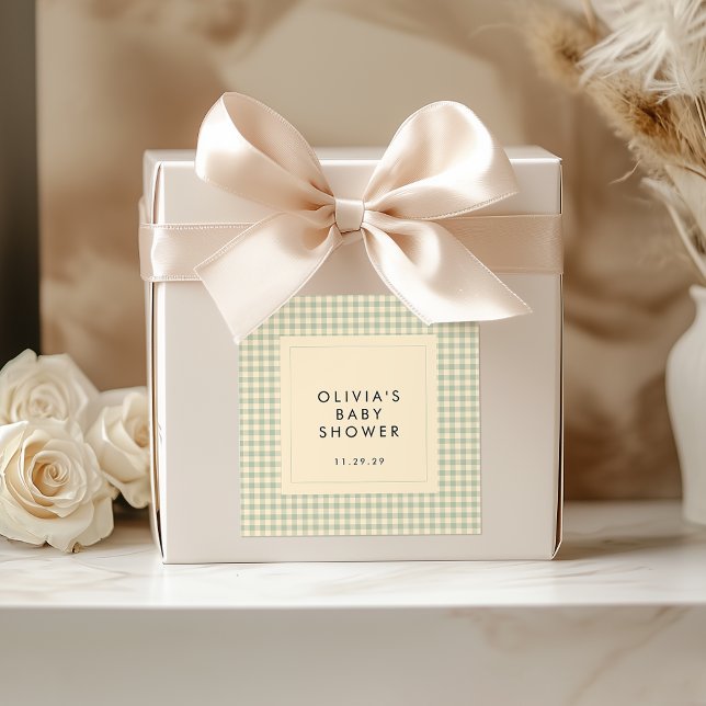 Modern Sage Green Gingham Baby Shower Collection Square Sticker (Gingham Baby Shower Sticker )
