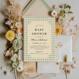 Modern Sage Green Gingham Baby Shower Invitation