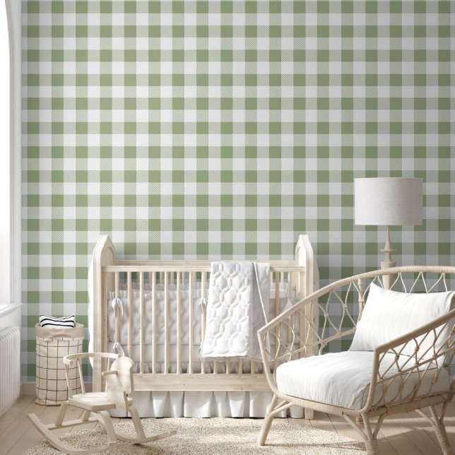 Modern Sage Green Gingham Checks  Wallpaper (Kids)