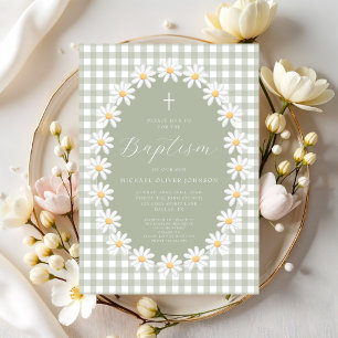 Modern Sage Green Gingham Floral Baptism Invitation