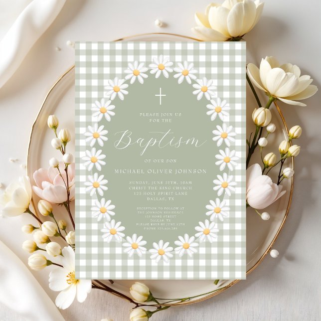 Modern Sage Green Gingham Floral Baptism Invitation (Modern Sage Green Gingham Floral Baptism Invitation)