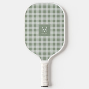 Modern Sage Green Gingham Monogram Established Est Pickleball Paddle
