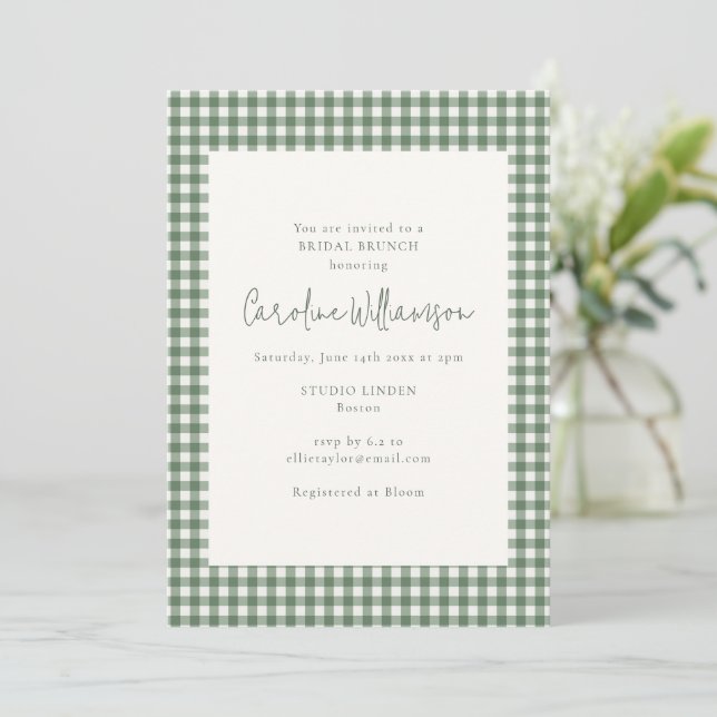 Modern Sage Green Gingham Plaid Bridal Brunch Invitation (Standing Front)
