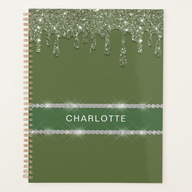 Modern Sage Green Glitter Drip Sparkling Diamond Planner (Front)