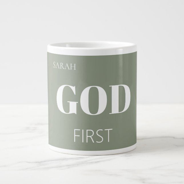 Modern Sage Green God First Faith Saying Slogan  Large Coffee Mug (Front)