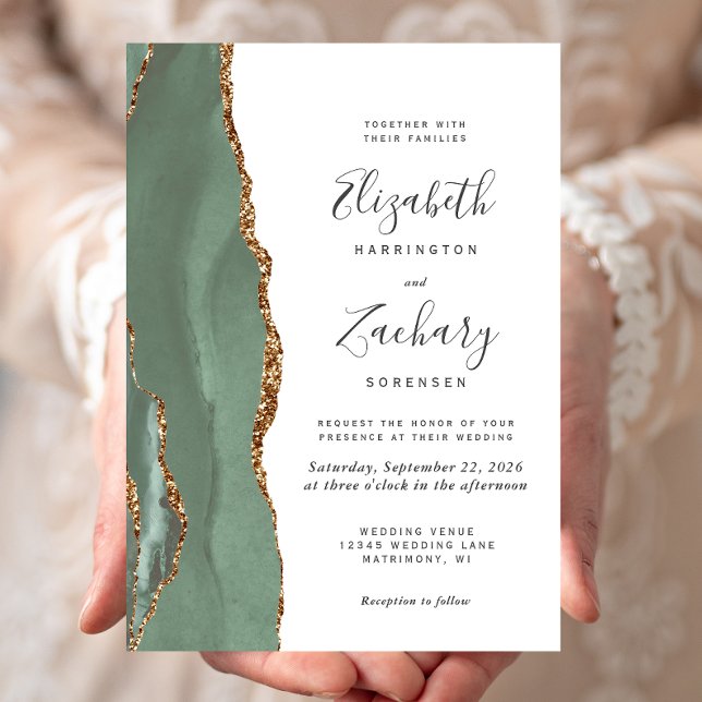 Modern Sage Green Gold Agate Wedding Invitation (Creator Uploaded)