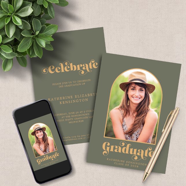 Modern Sage Green Gold Arch Photo Graduation Party Invitation (Modern Sage Green Gold Arch Photo Graduation Party Invitation Announcement with Instant Download)