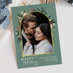 Modern Sage Green Gold Arch & Snow Overlay 1 Photo Holiday Card