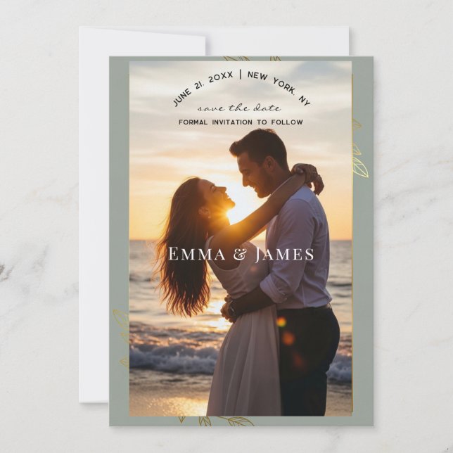 Modern Sage Green Gold Botanical Save the Date (Front)