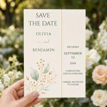 Modern Sage Green Gold Botanical Save the Date