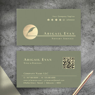 Modern Sage Green Gold Feather Logo Notary Service Business Card