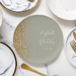 Modern Sage Green Gold Glitter Edge Wedding Paper Plate<br><div class="desc">The left-hand edge of these elegant modern wedding paper plates features a gold faux glitter design. Personalise them with the names of the bride and groom in ivory handwriting script over a large ampersand on a sage green background,  with the wedding date below.</div>