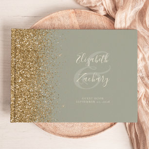 Modern Sage Green Gold Glitter Script Guest Book