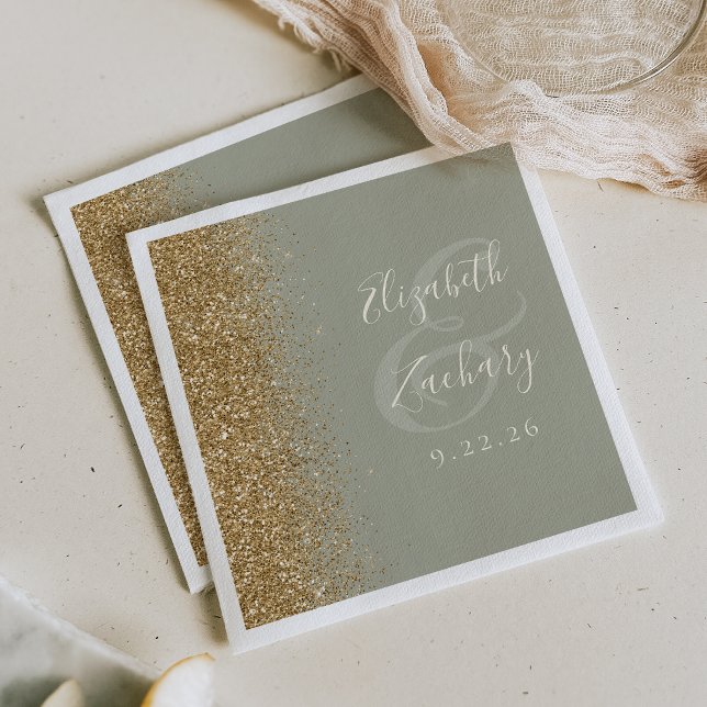 Modern Sage Green Gold Glitter Wedding Napkin (Creator Uploaded)