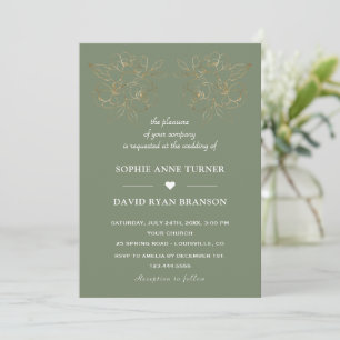 Modern Sage Green Gold Line Art Flowers Wedding Invitation