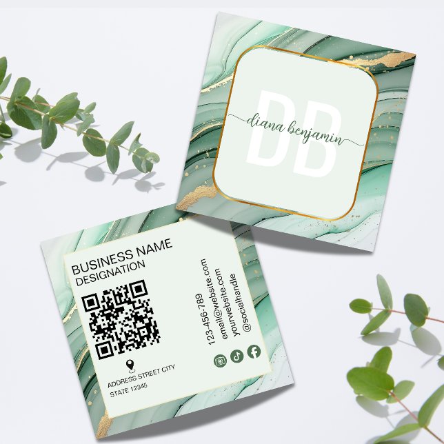 Modern Sage Green Gold monogram Qr Code Square Business Card (Creator Uploaded)