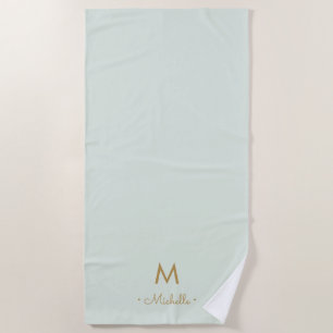 Modern Sage Green Gold Script Monogram Beach Towel