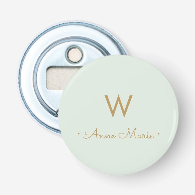 Modern Sage Green Gold Script Monogram Bottle Opener (Front)