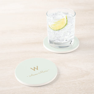 Modern Sage Green Gold Script Monogram Coaster