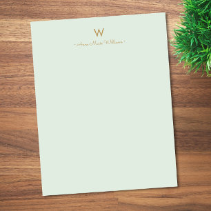 Modern Sage Green Gold Script Monogram Custom Letterhead