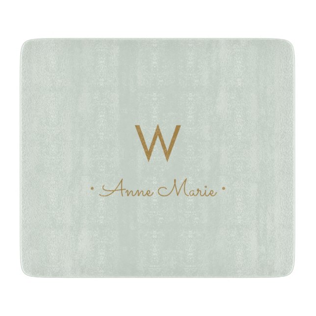 Modern Sage Green Gold Script Monogram Cutting Board (Front)