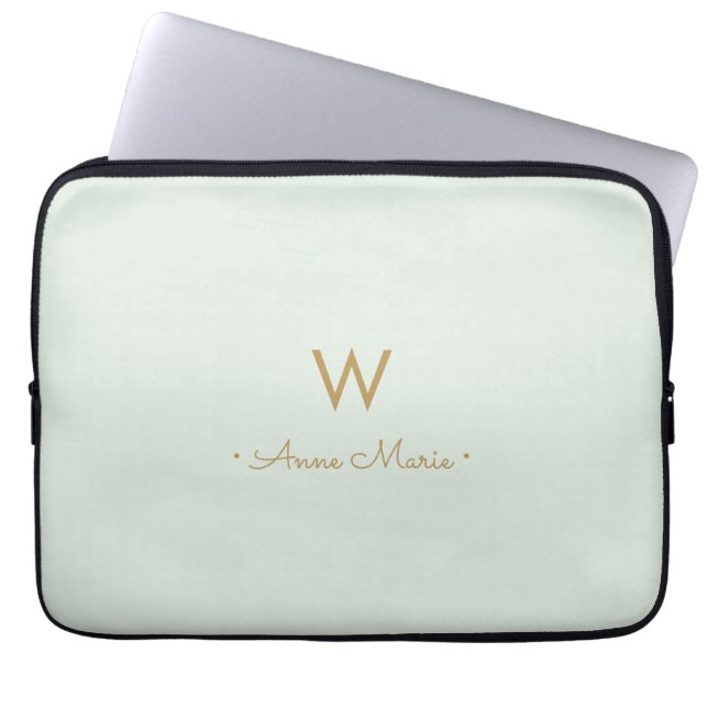 Modern Sage Green Gold Script Monogram Laptop Sleeve (Front)