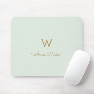 Modern Sage Green Gold Script Monogram Mouse Pad
