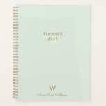 Modern Sage Green Gold Script Monogram Planner<br><div class="desc">Modern Sage Green Gold Script Monogram Planner. A modern,  elegant monogram design with gold handwritten minimalist script typography and sans serif block typography on an elegant pale pastel Sage Green background. The monogram and name can be easily personalised.</div>