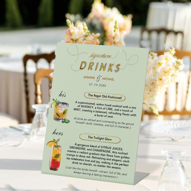 Modern Sage Green | Gold Wedding Signature Drinks  Pedestal Sign (Creator Uploaded)