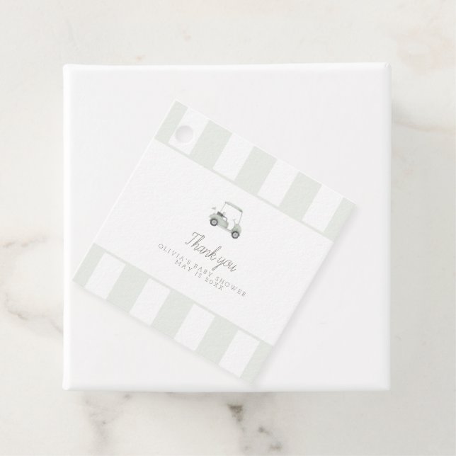 Modern sage green golf cart favour tag (In Situ)