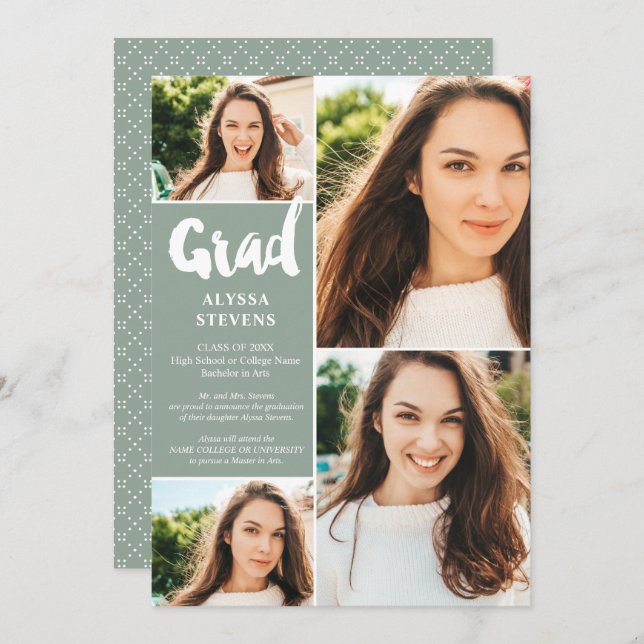 Modern sage green Grad script 4 photos graduation Invitation (Front/Back)