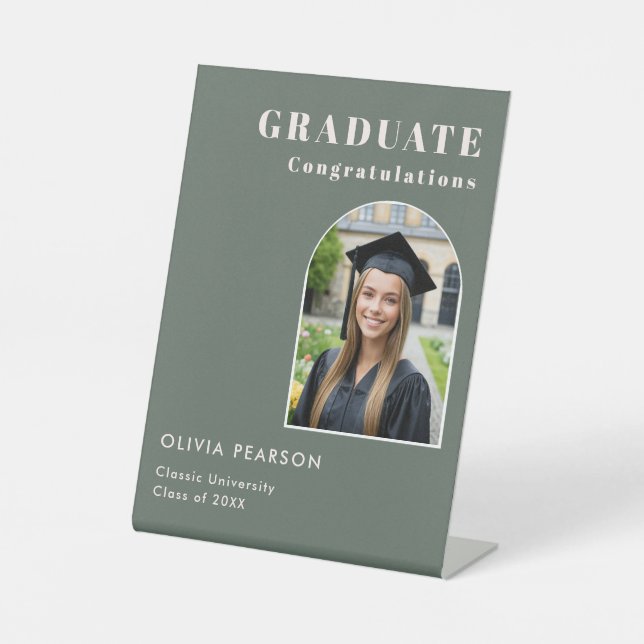 Modern Sage Green Graduation Photo Tabletop Pedestal Sign (Front)