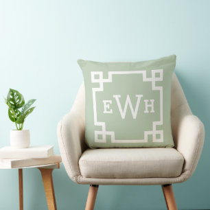 Modern Sage Green Greek Key Custom Monogram Cushion
