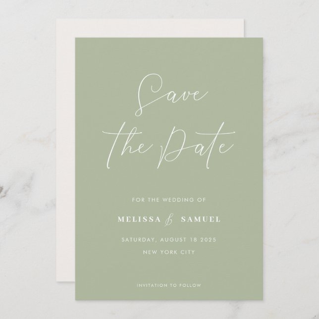 Modern Sage Green Handwritten Script Wedding Save The Date (Front/Back)