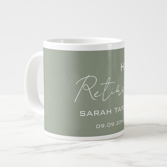 Modern Sage Green Happy Retirement Personalised  Large Coffee Mug (Front Left)