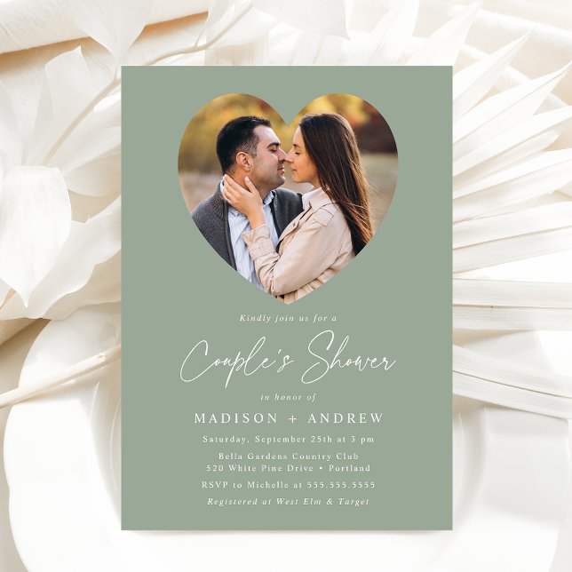 Modern Sage Green Heart Photo Couple's Shower Invitation (Creator Uploaded)