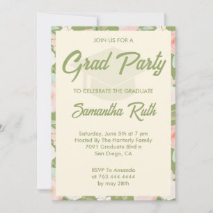Modern Sage Green Ivory Floral Photo Grad Party Invitation