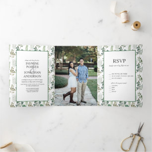 Modern Sage Green Leaf Pattern Photo Wedding Tri-Fold Invitation
